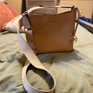 Michael Kors Brown Leather Crossbody with Wide Cream Strap